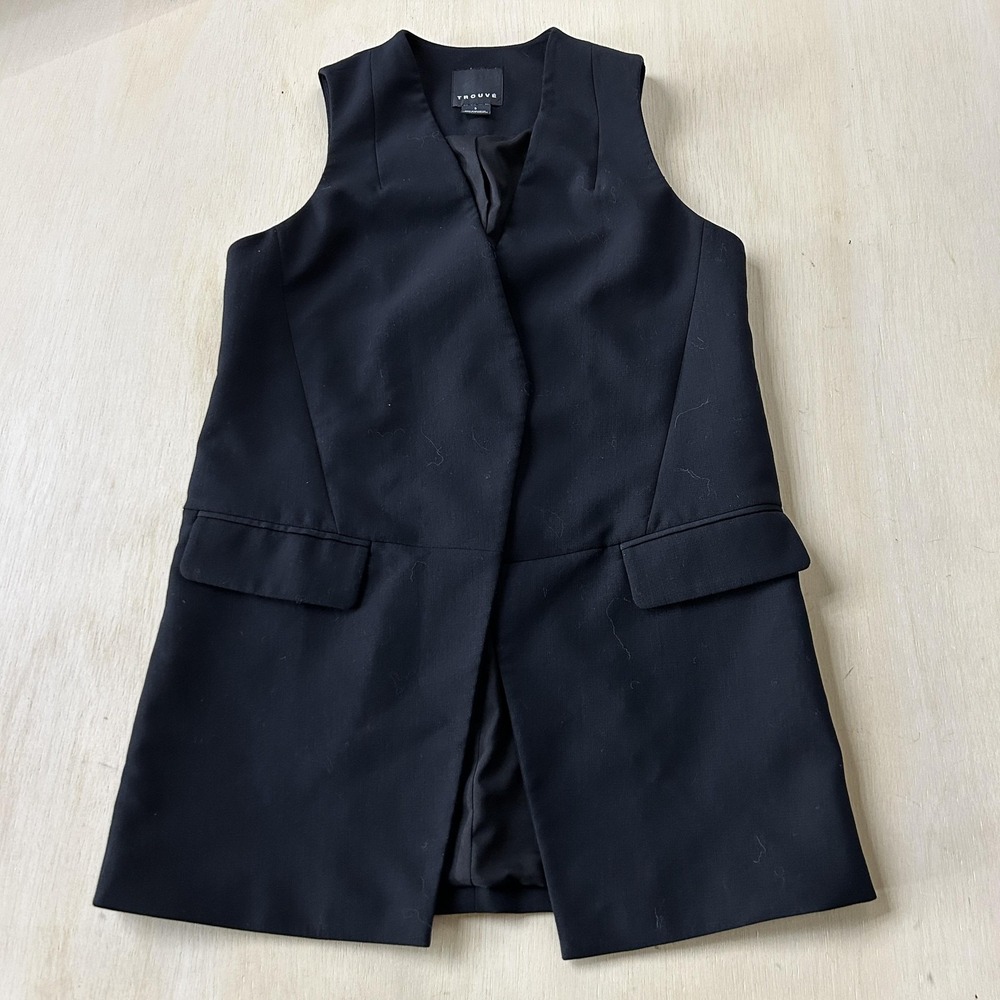 Trouvé Vest Womens Small Black Crepe Sleeveless Long Open Front Lined Pockets